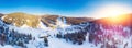 Panorama Sheregesh ski resort in winter, landscape on mountain and hotels, aerial top view Kemerovo region Russia Royalty Free Stock Photo