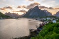 Panorama shot of Reine in Lofoten Islands in Norway during sunset. Royalty Free Stock Photo