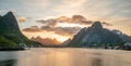 Panorama shot of Reine in Lofoten Islands in Norway during sunset. Royalty Free Stock Photo