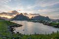 Panorama shot of Reine in Lofoten Islands in Norway during sunset. Royalty Free Stock Photo