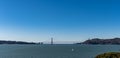 Panorama shot of the San Francisco California Downtown Skyline and Golden Gate Bridge from Alcatraz viewing deck Royalty Free Stock Photo