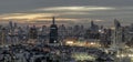 Panorama shot of sunset at Bangkok city skyline. Beautiful scenery view of Skyscraper at night, Selective focus Royalty Free Stock Photo