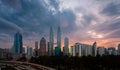 Panorama shot of sunset at Kuala Lumpur city skyline with Petronas KLCC Twin Towers, Royalty Free Stock Photo