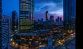 Panorama shot of the WTC World Trade Center on a cloudy tropical sunset in Abu Dhabi