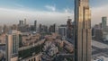 Panorama showing aerial panoramic skyline of a big futuristic city timelapse. Business bay and Downtown Royalty Free Stock Photo