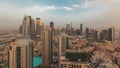 Panorama showing aerial panoramic skyline of a big futuristic city timelapse. Business bay and Downtown Royalty Free Stock Photo