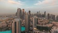 Panorama showing aerial panoramic skyline of a big futuristic city timelapse. Business bay and Downtown Royalty Free Stock Photo