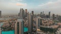 Panorama showing aerial panoramic skyline of a big futuristic city timelapse. Business bay and Downtown Royalty Free Stock Photo