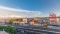 Panorama showing aerial view of the port of the city of Lisbon timelapse with the 25 of April Bridge on the background. Royalty Free Stock Photo