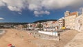 Panorama showing aerial view of Sesimbra Town and seaside timelapse, Portugal. Royalty Free Stock Photo