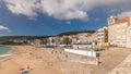 Panorama showing aerial view of Sesimbra Town and seaside timelapse, Portugal. Royalty Free Stock Photo