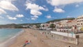 Panorama showing aerial view of Sesimbra Town and seaside timelapse, Portugal. Royalty Free Stock Photo