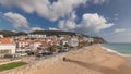 Panorama showing aerial view of Sesimbra Town and seaside timelapse, Portugal. Royalty Free Stock Photo