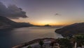 Panorama showing Amorgos island aerial day to night timelapse from above. Greece Royalty Free Stock Photo