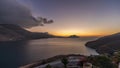 Panorama showing Amorgos island aerial day to night timelapse from above. Greece Royalty Free Stock Photo