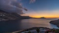 Panorama showing Amorgos island aerial day to night timelapse from above. Greece Royalty Free Stock Photo
