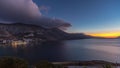 Panorama showing Amorgos island aerial day to night timelapse from above. Greece Royalty Free Stock Photo