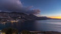 Panorama showing Amorgos island aerial day to night timelapse from above. Greece Royalty Free Stock Photo