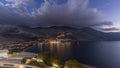 Panorama showing Amorgos island aerial day to night timelapse from above. Greece Royalty Free Stock Photo