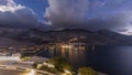 Panorama showing Amorgos island aerial day to night timelapse from above. Greece Royalty Free Stock Photo