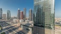 Panorama showing business bay district skyline with modern architecture timelapse from above.