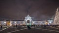 Panorama showing Commerce square illuminated and decorated at Christmas time in Lisbon night timelapse. Portugal Royalty Free Stock Photo