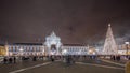 Panorama showing Commerce square illuminated and decorated at Christmas time in Lisbon night timelapse. Portugal Royalty Free Stock Photo