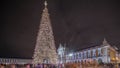 Panorama showing Commerce square illuminated and decorated at Christmas time in Lisbon night timelapse. Portugal Royalty Free Stock Photo