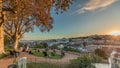 Panorama showing Jardim do Torel timelapse with views to the city center of Lisbon during sunset. Portugal Royalty Free Stock Photo