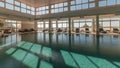 Panorama showing luxury indoor swimming pool, part of hotel timelapse Royalty Free Stock Photo