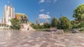 Panorama showing the Skanderbeg memorial and Ethem Bey mosque on the main square in Tirana timelapse, Albania Royalty Free Stock Photo