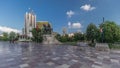 Panorama showing the Skanderbeg memorial and Ethem Bey mosque on the main square in Tirana timelapse, Albania Royalty Free Stock Photo