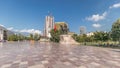 Panorama showing the Skanderbeg memorial and Ethem Bey mosque on the main square in Tirana timelapse, Albania Royalty Free Stock Photo