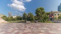 Panorama showing the Skanderbeg memorial and Ethem Bey mosque on the main square in Tirana timelapse, Albania Royalty Free Stock Photo