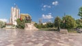 Panorama showing the Skanderbeg memorial and Ethem Bey mosque on the main square in Tirana timelapse, Albania Royalty Free Stock Photo