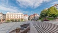 Panorama showing Sulkowski Castle and fountain on Chrobry Square in Bielsko-Biala timelapse, Poland.