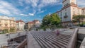 Panorama showing Sulkowski Castle and fountain on Chrobry Square in Bielsko-Biala timelapse, Poland.