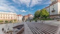 Panorama showing Sulkowski Castle and fountain on Chrobry Square in Bielsko-Biala timelapse, Poland.