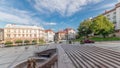 Panorama showing Sulkowski Castle and fountain on Chrobry Square in Bielsko-Biala timelapse, Poland. Royalty Free Stock Photo