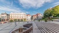 Panorama showing Sulkowski Castle and fountain on Chrobry Square in Bielsko-Biala timelapse, Poland.