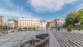 Panorama showing Sulkowski Castle and fountain on Chrobry Square in Bielsko-Biala timelapse, Poland.