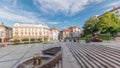 Panorama showing Sulkowski Castle and fountain on Chrobry Square in Bielsko-Biala timelapse, Poland.