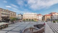 Panorama showing Sulkowski Castle and fountain on Chrobry Square in Bielsko-Biala timelapse, Poland.