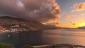 Panorama showing sunset on Amorgos island aerial timelapse from above. Greece