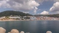 Panorama showing view of Sesimbra Town and Port timelapse, Portugal. Royalty Free Stock Photo