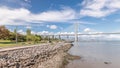 Panorama showing the Vasco da Gama Bridge timelapse in Lisbon, Portugal Royalty Free Stock Photo