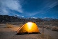 Panorama of Sierra Nevada Mountains and Tent at Night Under Moon Light In Alabama Hills, Lone Pine, California Royalty Free Stock Photo