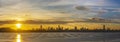 Panorama of silhouette of skyline of Shenzhen city, China at sunset. Viewed from Hong Kong border Royalty Free Stock Photo