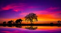 Panorama silhouette tree in africa with sunset.Dark tree on open field dramatic sunrise.Safari theme.blur shadow techniques. Royalty Free Stock Photo
