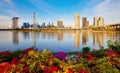 Panorama of Singapore city skyline at business modern downtown building area in sunrise with cloud and sun light and reflection Royalty Free Stock Photo